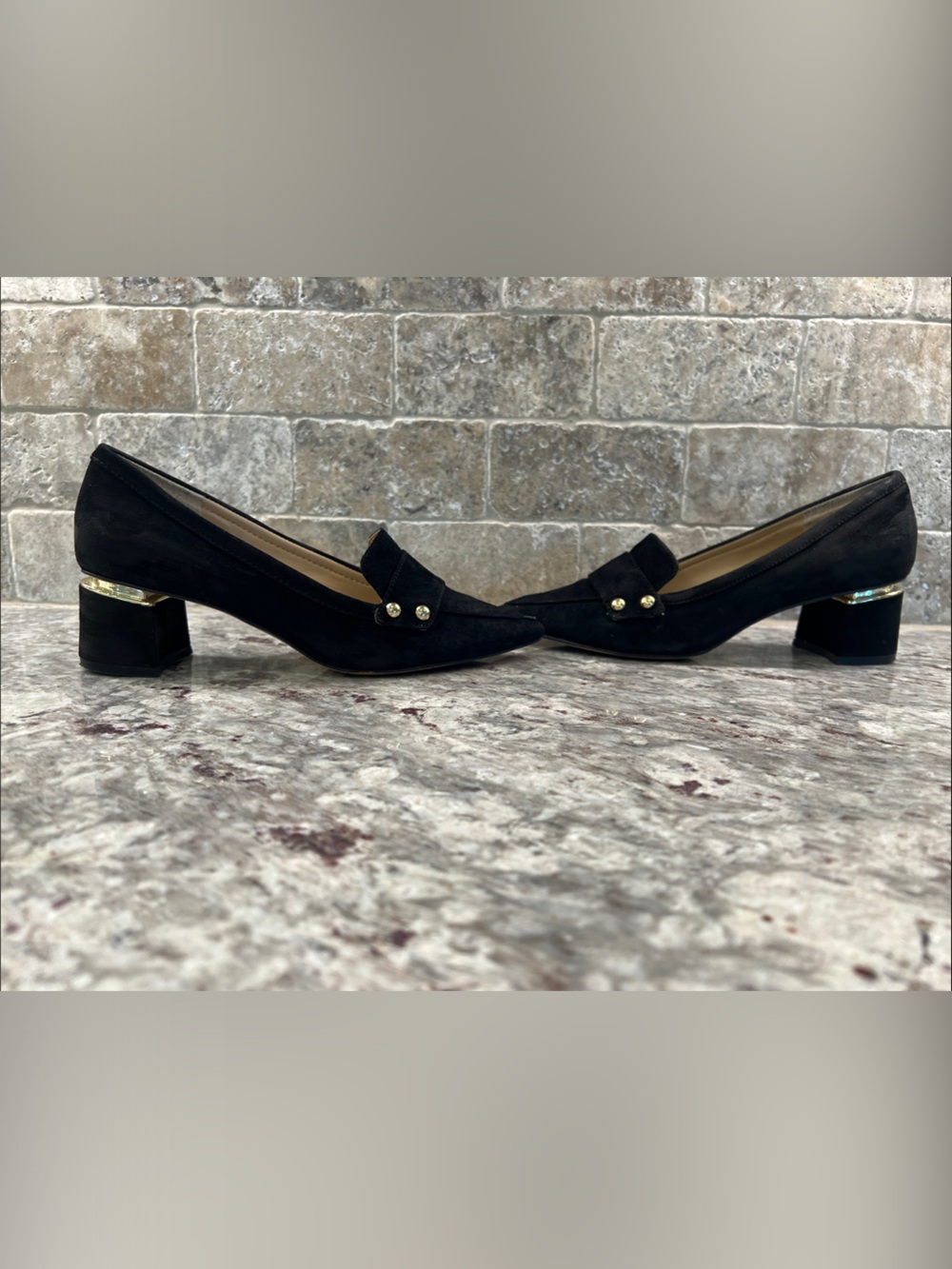 Enzo Angiolini Black Suede Pointed Loafers with Gold Studs - Picture 2 of 7